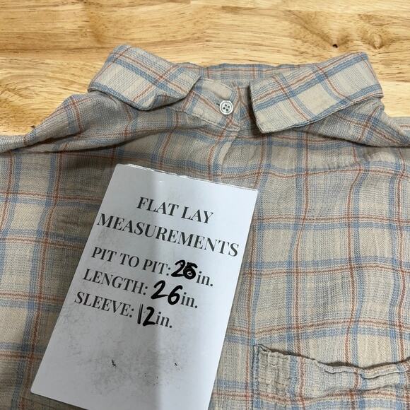 Style Rack Button up Tunic Women's L Gauzy Cotton Tan Blue Plaid Roll Tab Boho - Picture 9 of 9